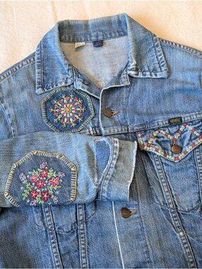 Maverick Vintage 60s 70s Hippy Embroidered Trucker Denim Size 38 USA Faded